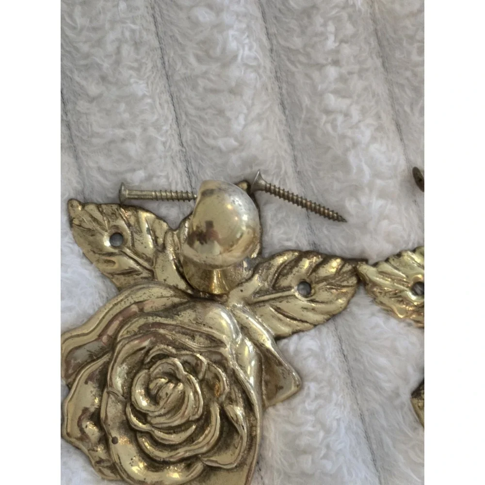 Pair Brass Curtain Rid Finials Or Tiebacks Drapery Rose Design With Screws